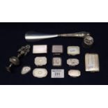Bag of assorted silver and other white metal items including snuff boxes, match case, shoe horn,