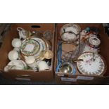 Two boxes of assorted china and glass to include; floral teapot, cake stand, floral plates,