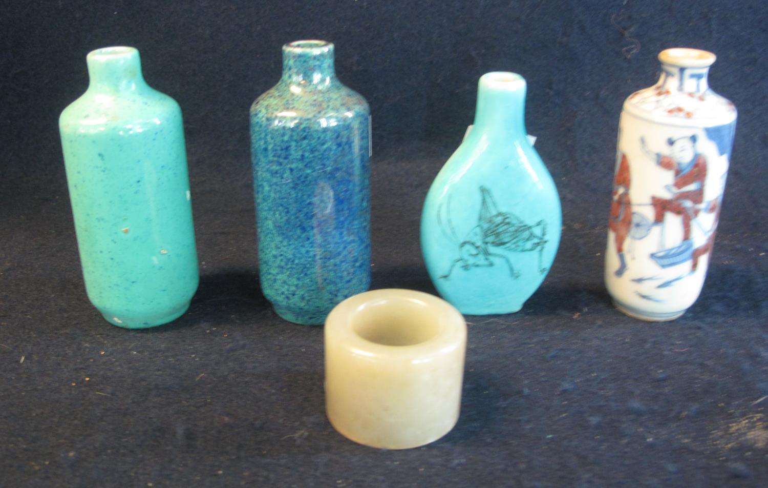 A group of small Chinese items to include; hardstone collar, two speckle glazed straight sided small