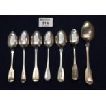 Group of seven similar fiddle pattern tea and dessert spoons - various hallmarks, together with