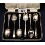 Cased set of six silver teaspoons, the case marked 'Finnigans Ltd New Bond St'. (B.P. 21% + VAT)