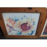 After Vernon, large framed furnishing print, study of a sunflower head, heavy pine frame. 50 x