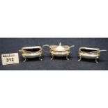 Silver baluster shaped, three-piece condiment set comprising two open salts, and a lidded mustard on