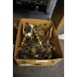 Box of assorted metalware to include; brass candlesticks, silver plated trays and salvers,
