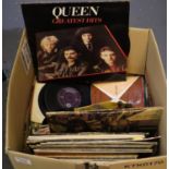 Box containing vinyl LPs and 45s to include; Rod Stewart, classical, Queen Greatest Hits, Elton