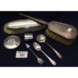 Bag of assorted silver and other items including; silver back brushes, spoons, photograph frame etc.