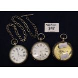 Nickel top wind open faced pocket watch and chain, a well worn silver pocket watch case lacking face