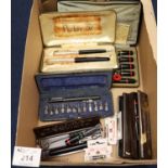 Collection of draughtmans cased writing instruments including; Rotring pen set, Graphos pen, Uno pen