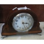 Small Edwardian inlaid mahogany hat shaped boudoir clock with brass drum movement. (B.P. 21% + VAT)