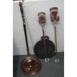 19th Century copper warming pan, two shooting sticks and a baking flat or plank. (4) (B.P. 21% +
