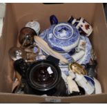 Box of assorted items to include; blue and white transfer printed teapot and another Victorian