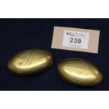 Two traditional Welsh brass miners tobacco or snuff boxes of oval form, engraved 'Evan Rees, Plas