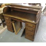Early 20th Century oak tambour roll top twin pedestal desk. (B.P. 21% + VAT)