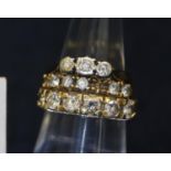 18ct gold three stone diamond ring, yellow metal and diamond 6 stone diamond ring and an 18ct gold