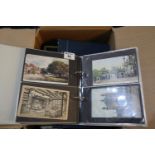Postcards box with collection in three albums, and loose, mostly topographical, hundreds.