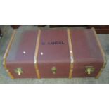 Vintage wooden and metal banded steamer trunk marked 'G. Sahgal'. (B.P. 21% + VAT)