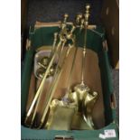 Brass companion set, poker, bell shaped and other brass weights etc. (B.P. 21% + VAT)