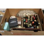 Box of oddments including; miniature liqueurs and spirits, brassware, boudoir clock, dressing