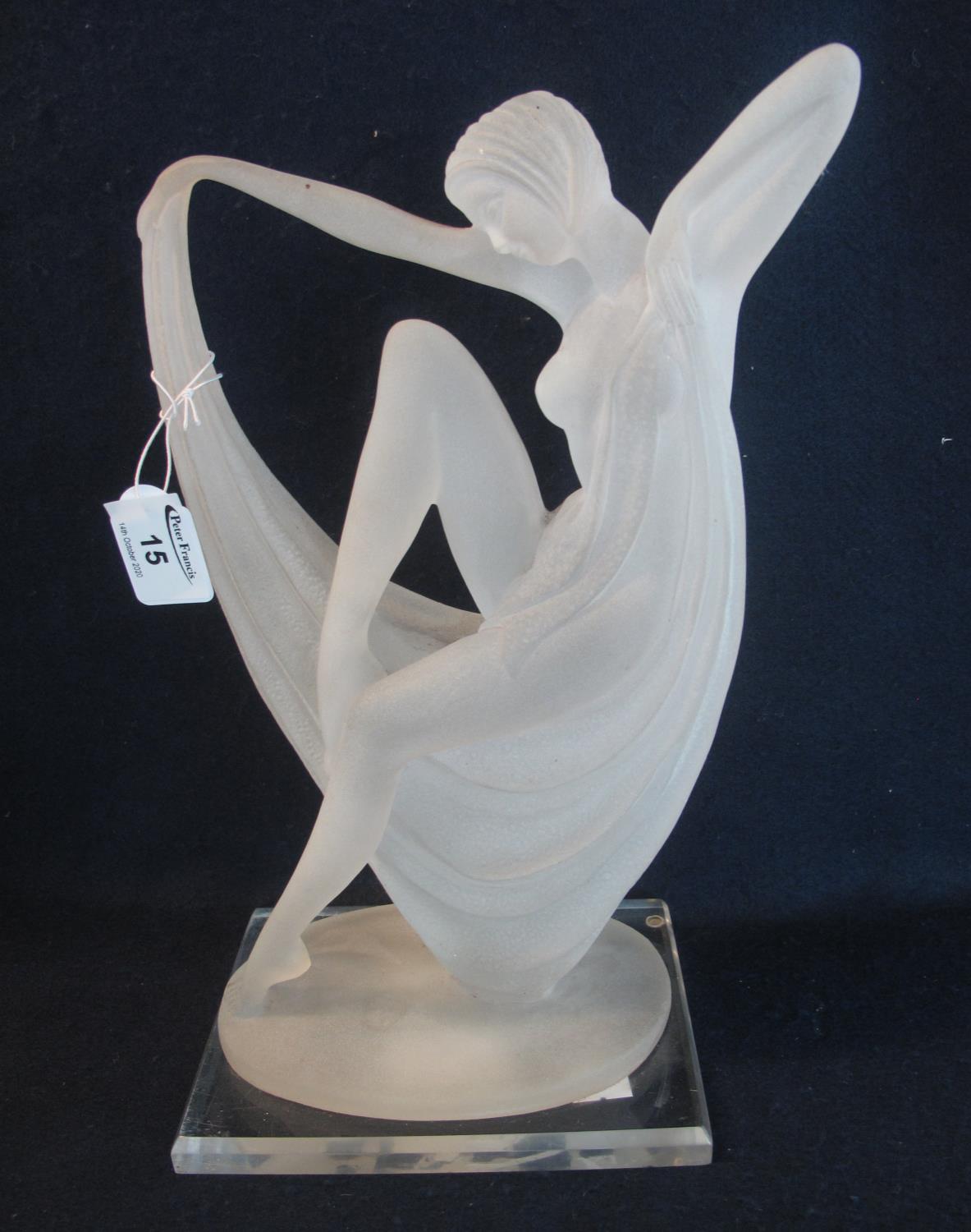 Modern resin Art Nouveau style figurine of a lady on a rectangular perspex base. 34cm high