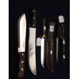 Bolo machete jungle knife with textile sheath, other similar unnamed, a Bowie style knife with