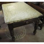 Victorian stained pine farmhouse table of rectangular form with pull out drawer standing on baluster