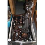 Box containing assorted carved tribal items/artifacts to include; neck rest, 2D figurines, bowls,