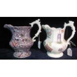 19th Century Staffordshire pottery chintz design transfer printed baluster jug, together with