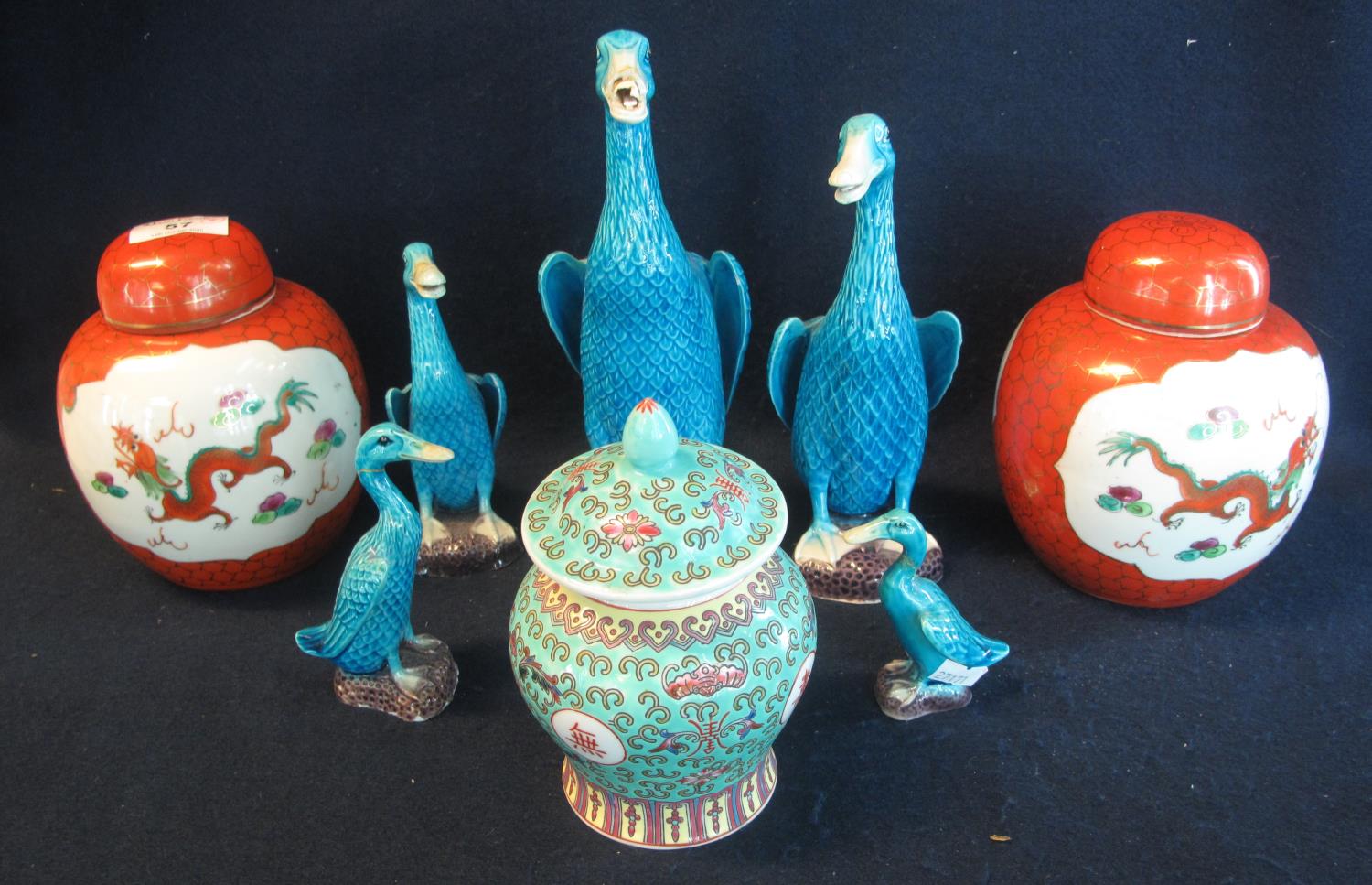 A group of assorted Chinese porcelain items to include; a group of blue ducks of various sizes, a