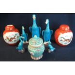 A group of assorted Chinese porcelain items to include; a group of blue ducks of various sizes, a