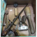 Box of assorted small items of kitchenalia, butter pats, sharpening steel etc. (B.P. 21% + VAT)