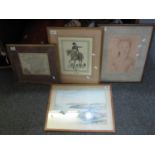 Four assorted furnishing pictures to include; 'Portrait of the Lady Parker', watercolour study,