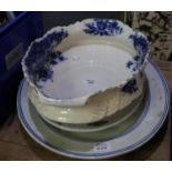 Two large Staffordshire oval meat dishes, together with a Staffordshire blue and white transfer