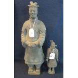 Two Chinese terracotta army figures, square bases with gilded character marks. 44cm high approx