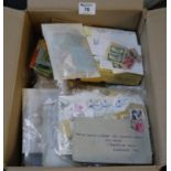 Box of All World stamps in packets, envelopes and small box, hundreds of stamps.