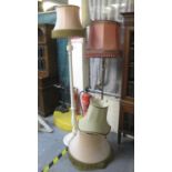 Brass standard lamp with shade, together with a white painted standard lamp on circular base with