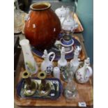 Two trays of assorted items to include; pair of brass candlesticks. Portmeirion pottery