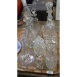 Tray of assorted glassware to include good quality cut glass decanters and stoppers, a Wrythen