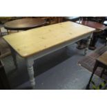 Good quality modern pine farmhouse kitchen table of rectangular form with painted base and legs. 183