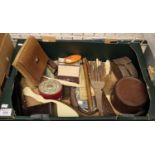 Box of treen and other items, dressing table items, collar box, brushes, wooden combs, button