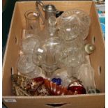 Box of assorted glass; vases, claret jug, ruby coloured scent bottles, carnival glass etc. (B.P. 21%