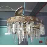 Circular gilt metal Art Deco style, three tier centre light fitting with prismatic glass spangles