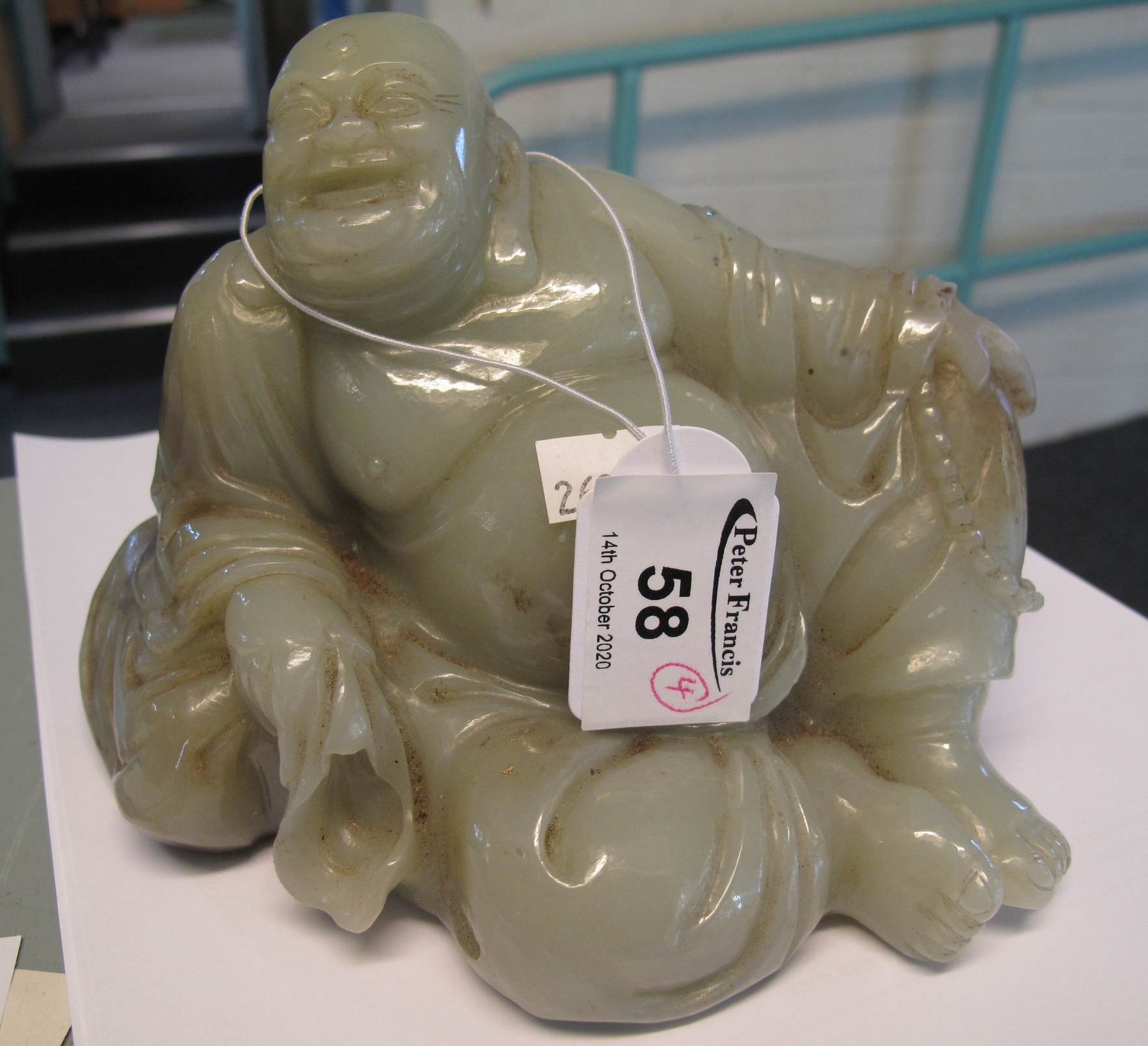 Chinese carved jade figure of a reclining smiling Buddha, together with two carved jade horses and a - Image 5 of 6