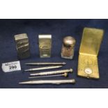 Bag of oddments to include; silver and other propelling pencils, silver topped jar, white metal