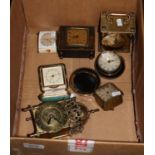 Collection of travelling and other alarm clocks including; 17th Century style lantern clock etc. (