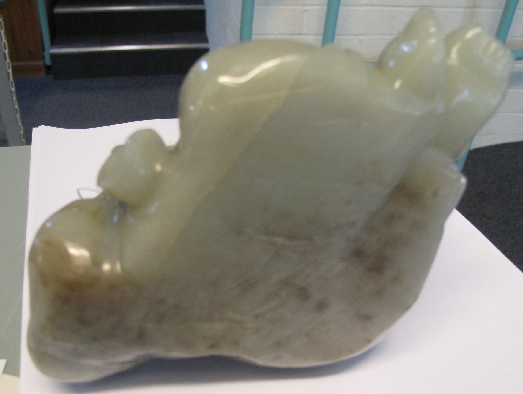 Chinese carved jade figure of a reclining smiling Buddha, together with two carved jade horses and a - Image 3 of 6