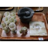 Set of six onyx goblets, together with an onyx ashtray, onyx elephant and a hardstone pestle and