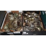 Two boxes of assorted metalware and other items to include; ladles, entree dishes, tea caddy,