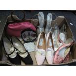 Box of vintage ladies shoes and bags including: vintage fabric high heels labelled 'Jimmy Choo' with