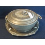 French 'Les Potstaniers' pewter lidded two handled serving dish cover and stand. Base 28cm