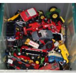 Plastic box containing assorted play worn diecast model vehicles. (B.P. 21% + VAT)
